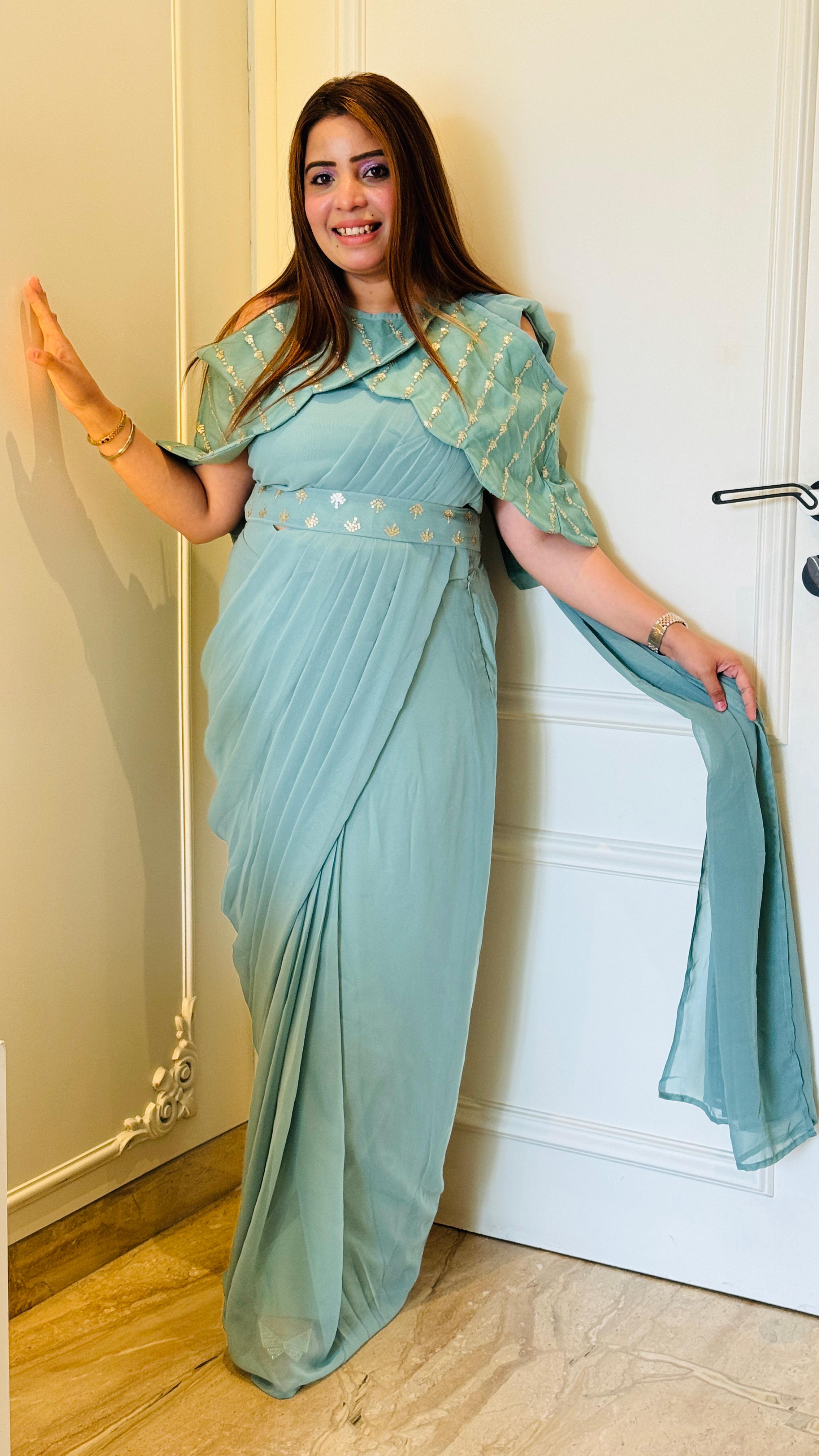 Pastel Mint Green Drape Saree with Cape & Belt